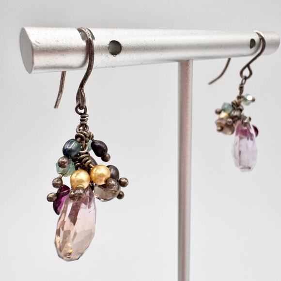 Amethyst Pearl Mixed Gemstone Silver Cha Cha Dangle Earrings Tested Boho Fun - Picture 6 of 10